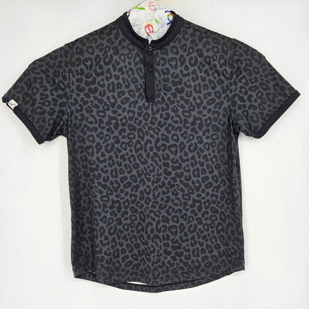 Mantra Polo Shirt Mens Large Performance Short Sleeve Band Collar Leopard Black